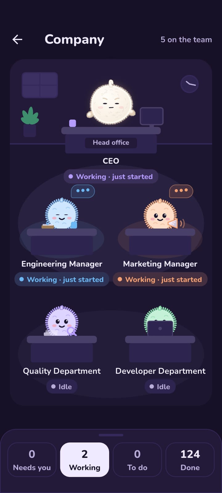 The Company screen, with managers working on tasks