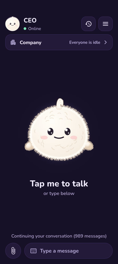 The mobile app, showing the AI CEO ready to talk